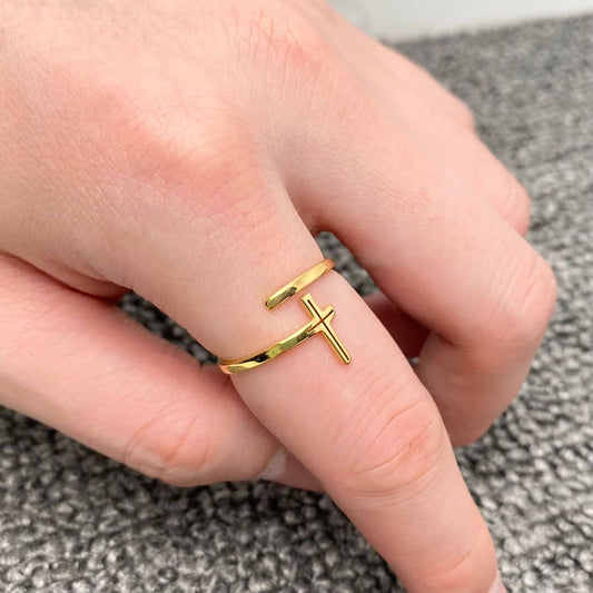 18K Gold-plated Stainless Steel Cross Adjustable Ring - FGS