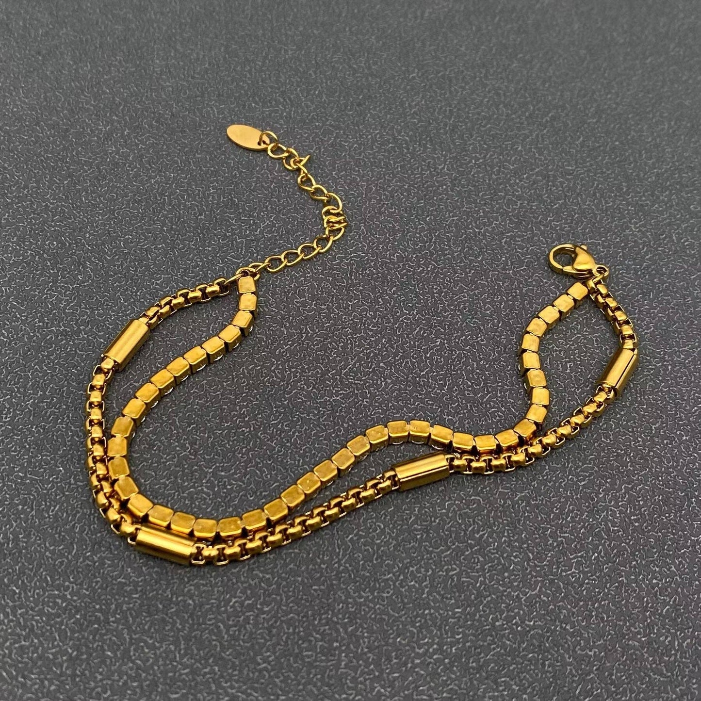 Inlaid CZ Chain 18K Gold-plated SS Double-layer Bracelet - FGS