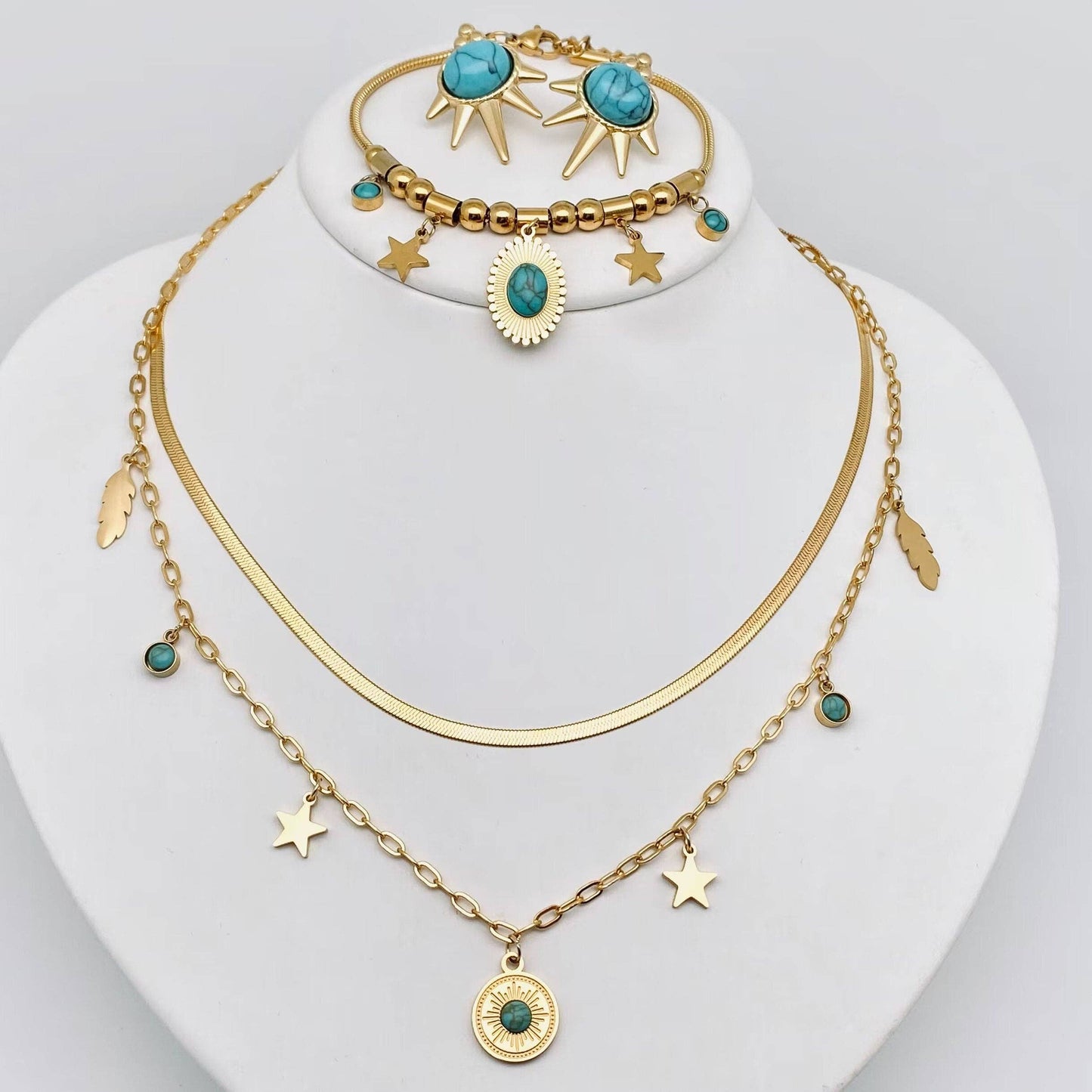 Gold Plated Stainless Steel Necklace Bracelet Earring Set