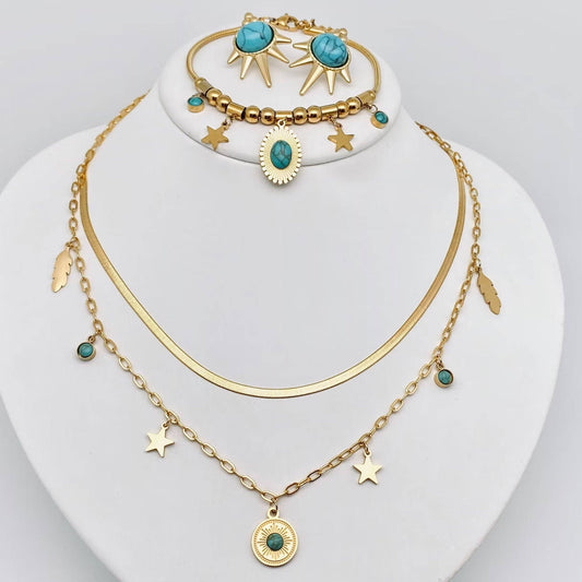 Gold Plated Stainless Steel Necklace Bracelet Earring Set