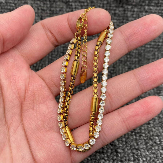 Inlaid CZ Chain 18K Gold-plated SS Double-layer Bracelet - FGS
