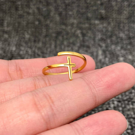 18K Gold-plated Stainless Steel Cross Adjustable Ring - FGS