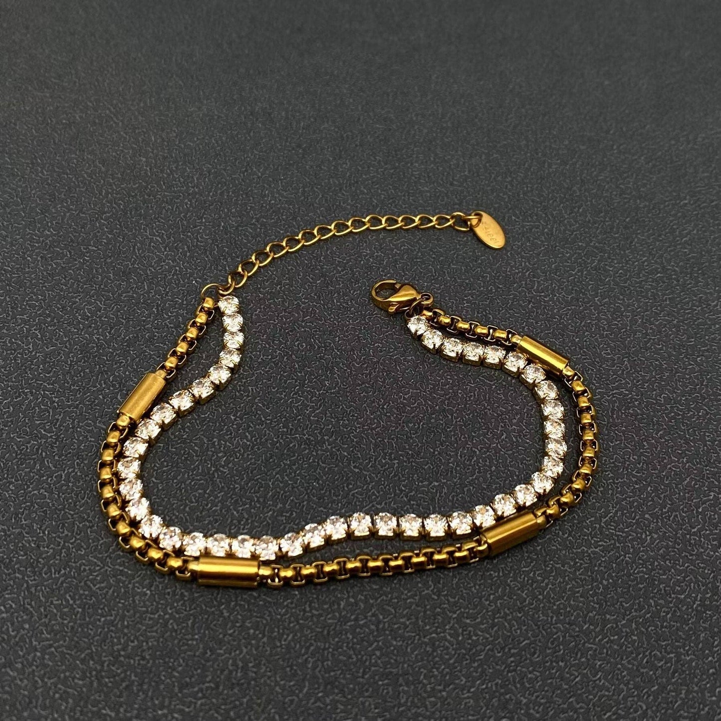 Inlaid CZ Chain 18K Gold-plated SS Double-layer Bracelet - FGS